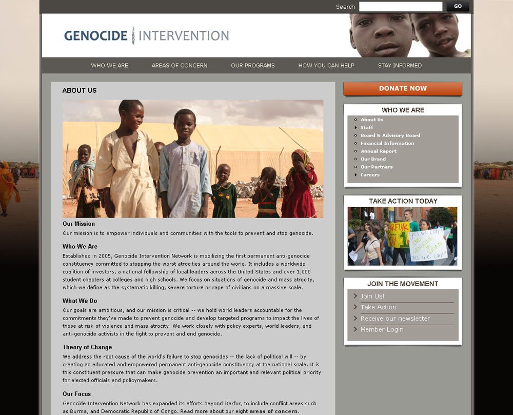 Nonprofit Website Design: Genocide Intervention Network Website - About Us Nonprofit Website Design: Website Design & Website Development