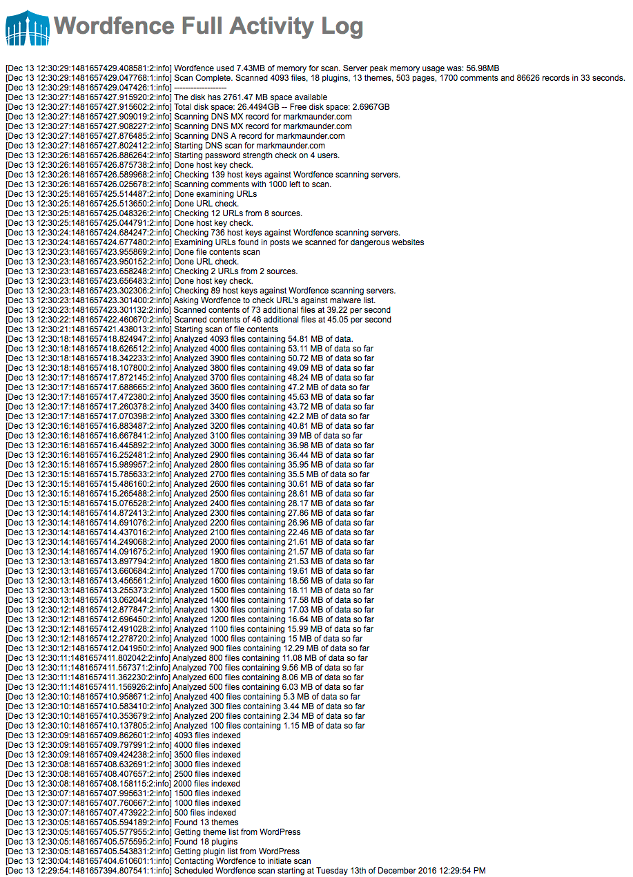 WordPress Security - Wordfence malware scan log for WordPress Security WordPress Security - Wordfence malware scan log showing deep WordPress Security file scanning