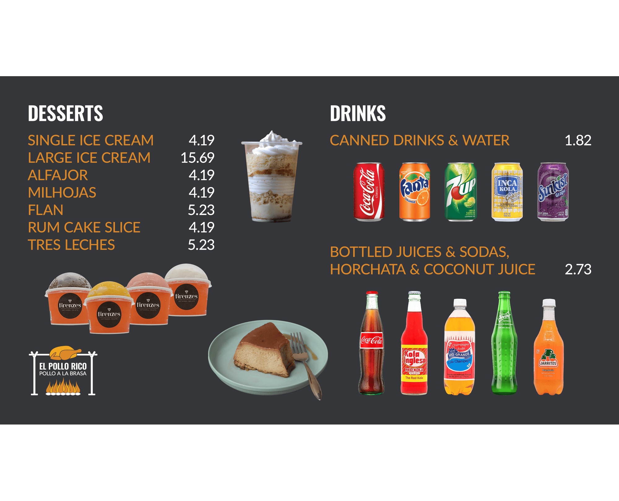 El Pollo Rico - Digital Menu Design - Desserts & Drinks Restaurant Menu Design for El Pollo Rico - Digital Menu Desserts and Drinks